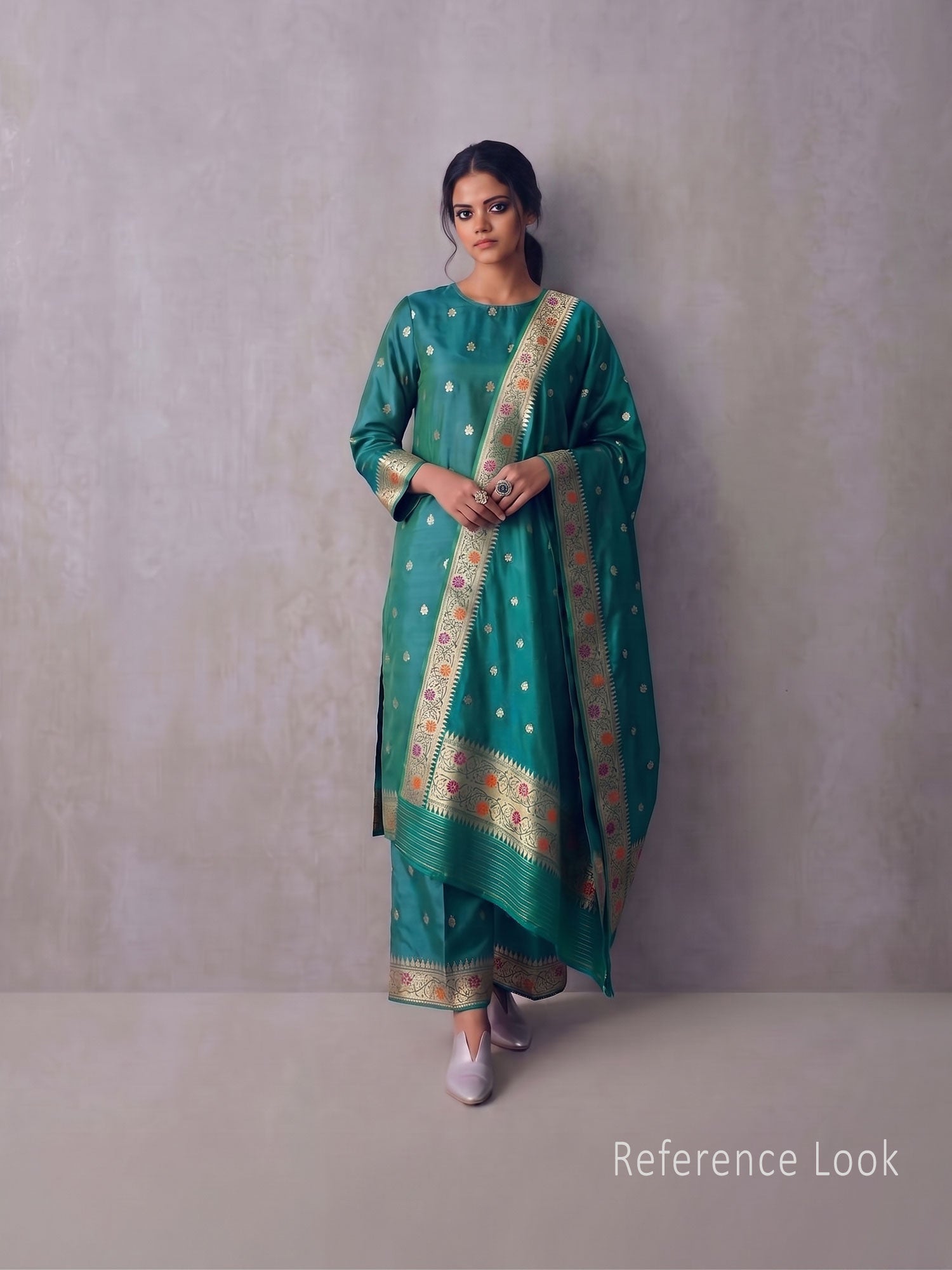 Green Blue Booti Katan Silk Handloom Banarasi Suit - Sacred Weaves