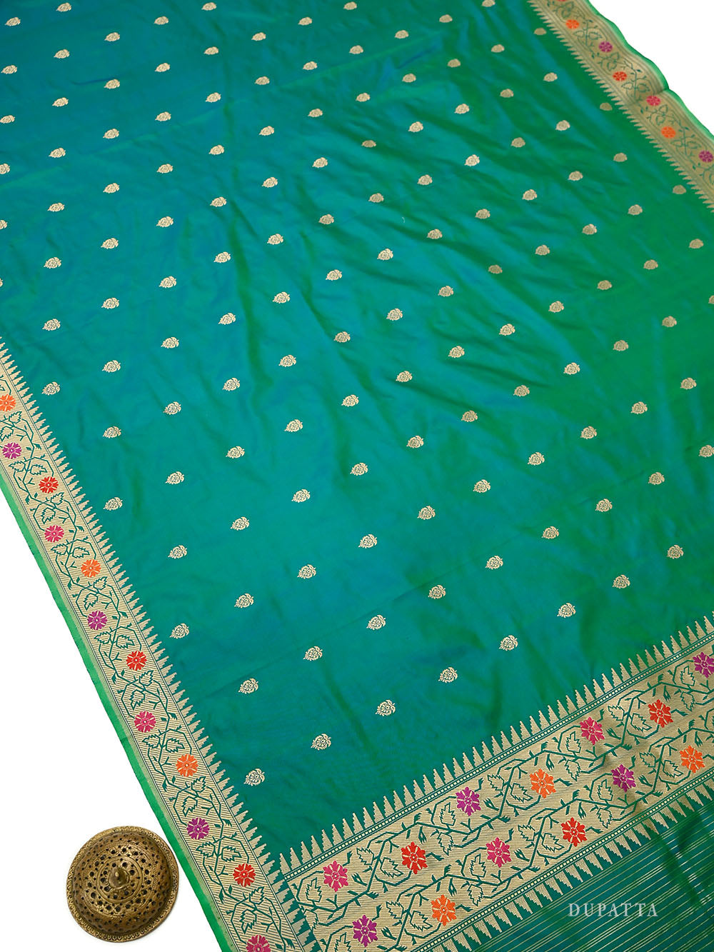 Green Blue Booti Katan Silk Handloom Banarasi Suit - Sacred Weaves