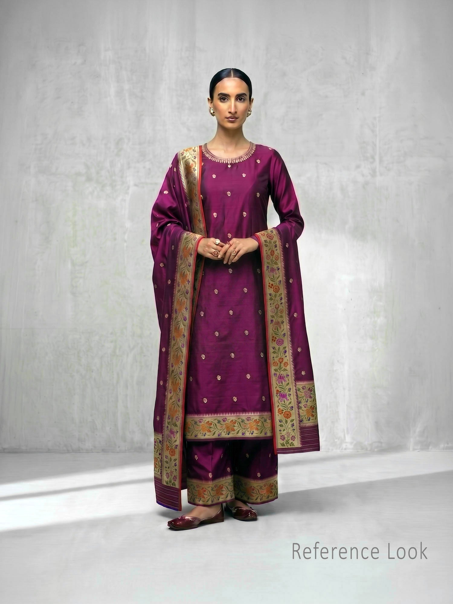 Wine Booti Katan Silk Handloom Banarasi Suit - Sacred Weaves