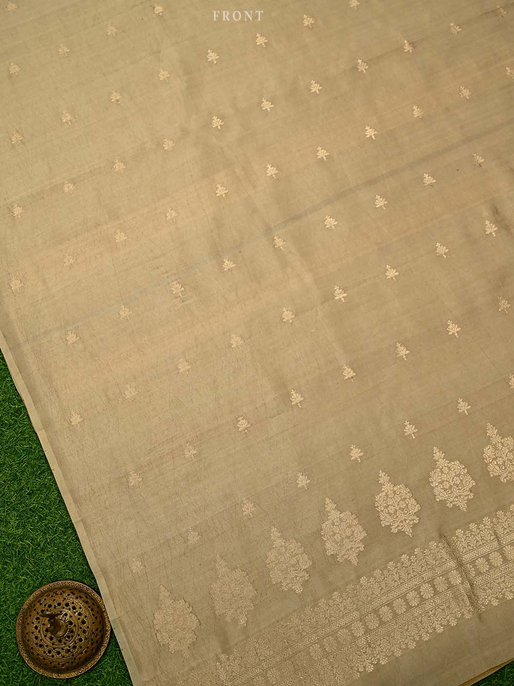 Dark Beige Booti Katan Silk Handloom Banarasi Suit - Sacred Weaves
