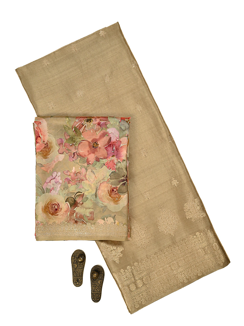 Dark Beige Booti Katan Silk Handloom Banarasi Suit - Sacred Weaves