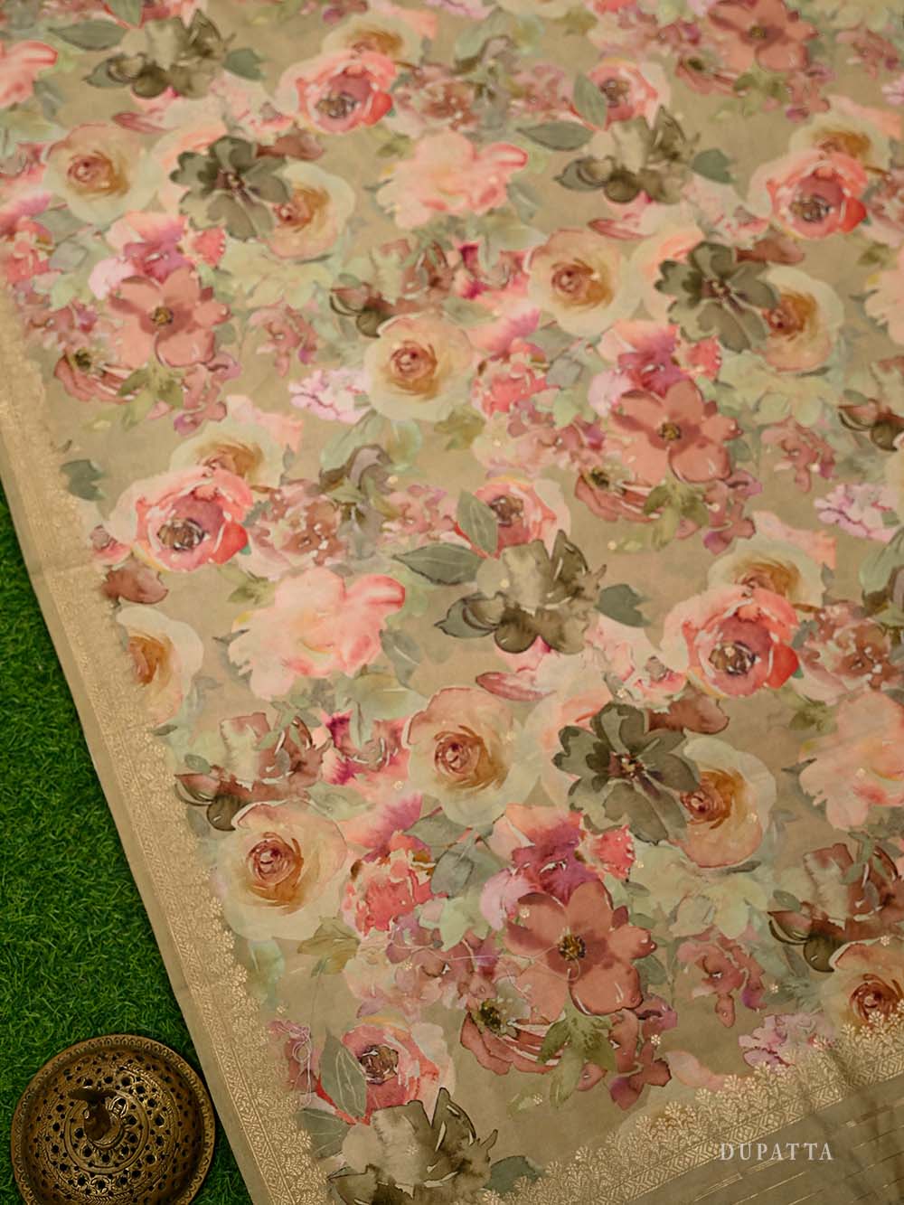 Dark Beige Booti Katan Silk Handloom Banarasi Suit - Sacred Weaves