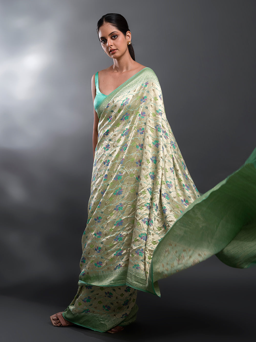 Sea Green Rangkat Georgette Tissue Handloom Banarasi Saree - Sacred Weaves