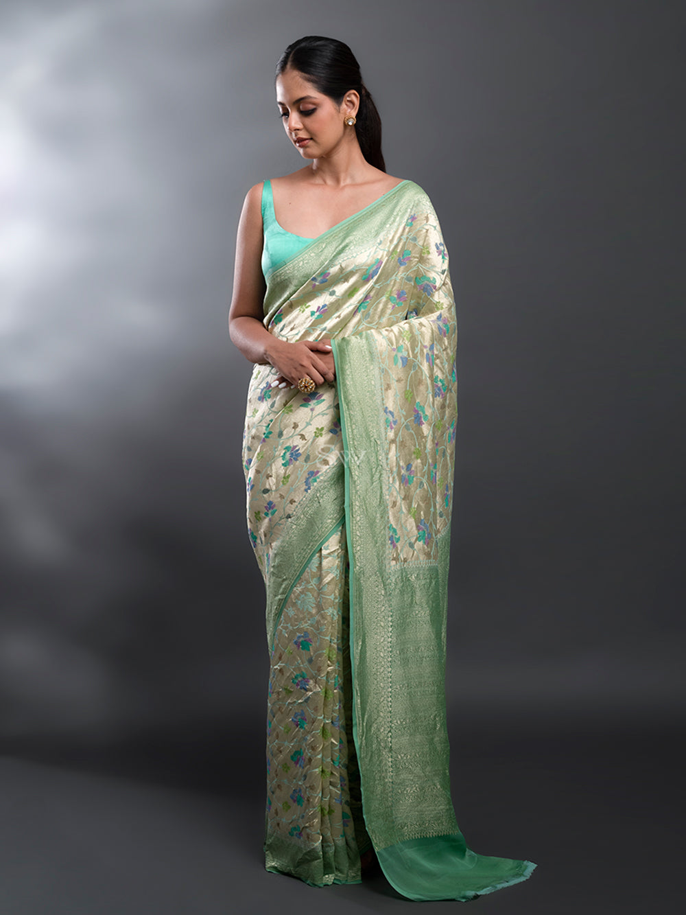 Sea Green Rangkat Georgette Tissue Handloom Banarasi Saree - Sacred Weaves