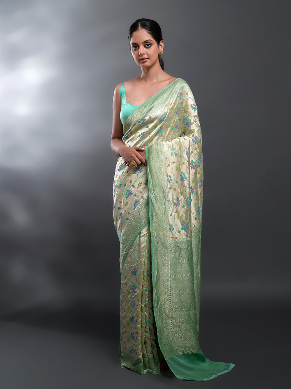 Sea Green Rangkat Georgette Tissue Handloom Banarasi Saree - Sacred Weaves