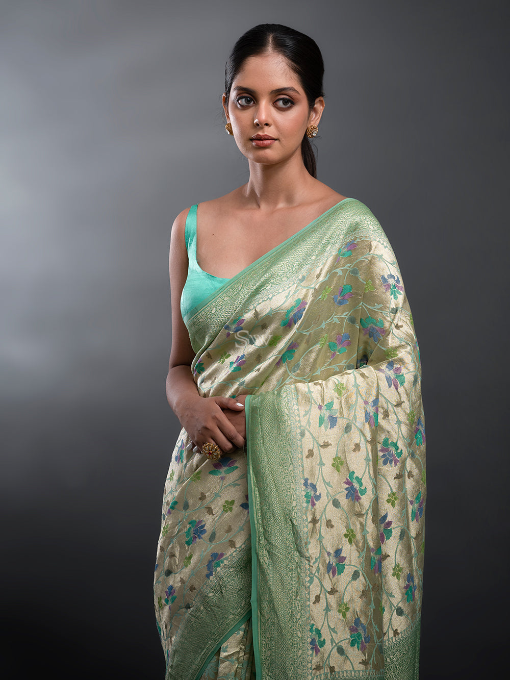 Sea Green Rangkat Georgette Tissue Handloom Banarasi Saree - Sacred Weaves