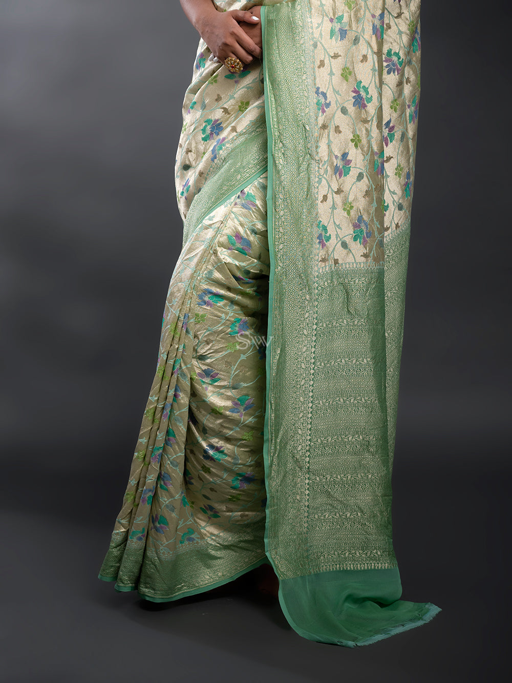 Sea Green Rangkat Georgette Tissue Handloom Banarasi Saree - Sacred Weaves