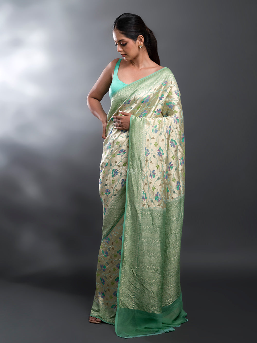 Sea Green Rangkat Georgette Tissue Handloom Banarasi Saree - Sacred Weaves