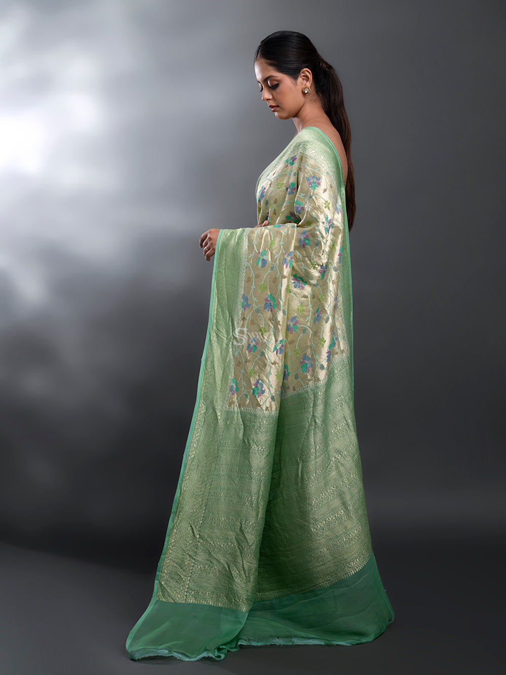 Sea Green Rangkat Georgette Tissue Handloom Banarasi Saree - Sacred Weaves