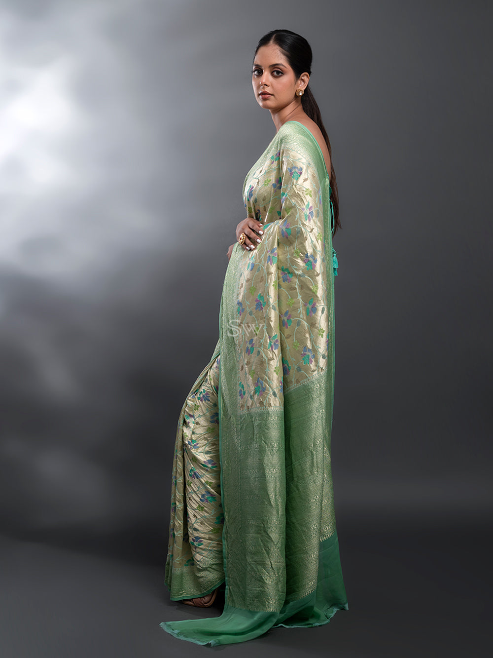 Sea Green Rangkat Georgette Tissue Handloom Banarasi Saree - Sacred Weaves