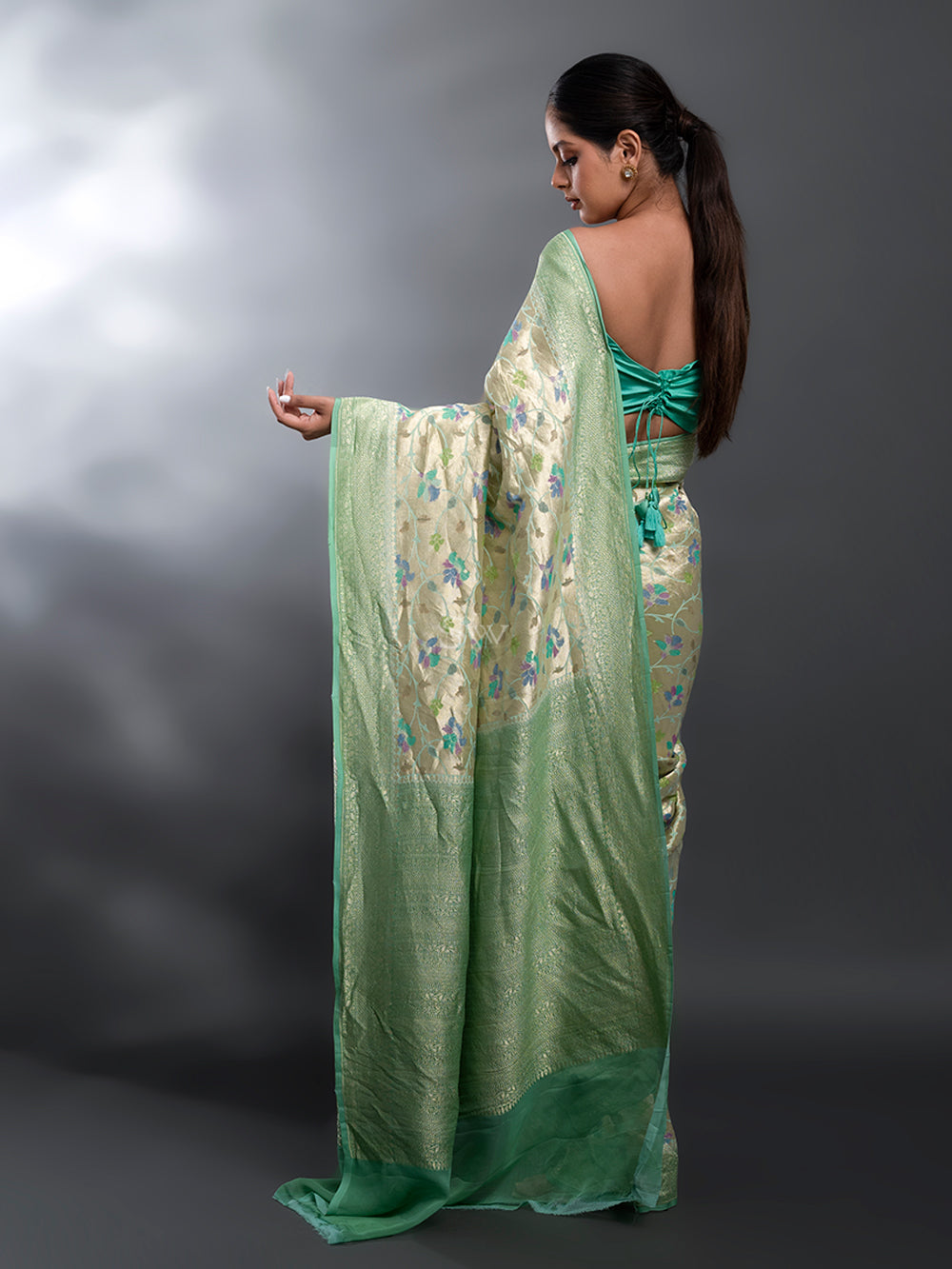 Sea Green Rangkat Georgette Tissue Handloom Banarasi Saree - Sacred Weaves