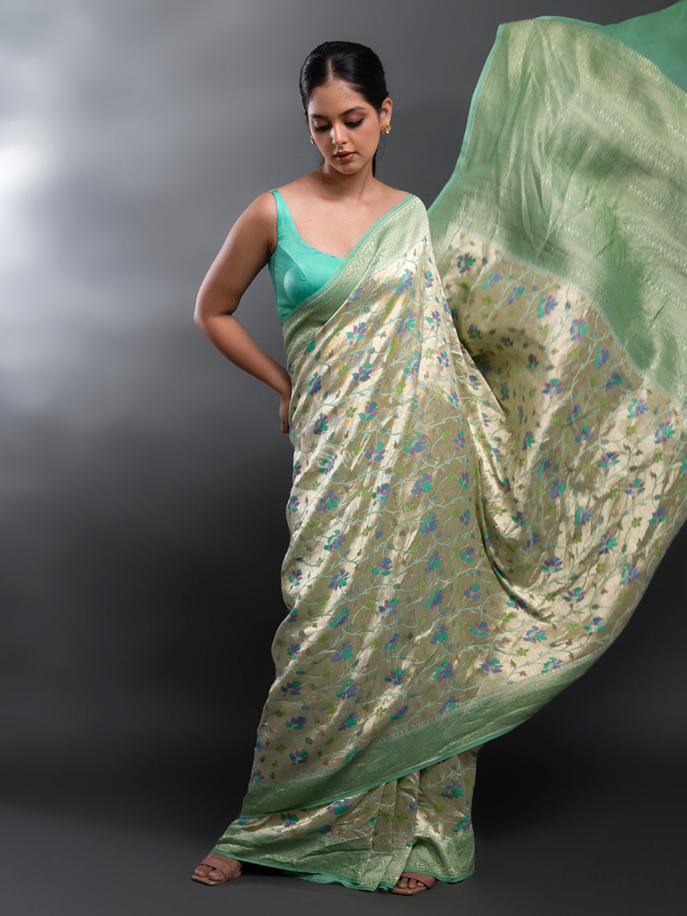 Sea Green Rangkat Georgette Tissue Handloom Banarasi Saree - Sacred Weaves
