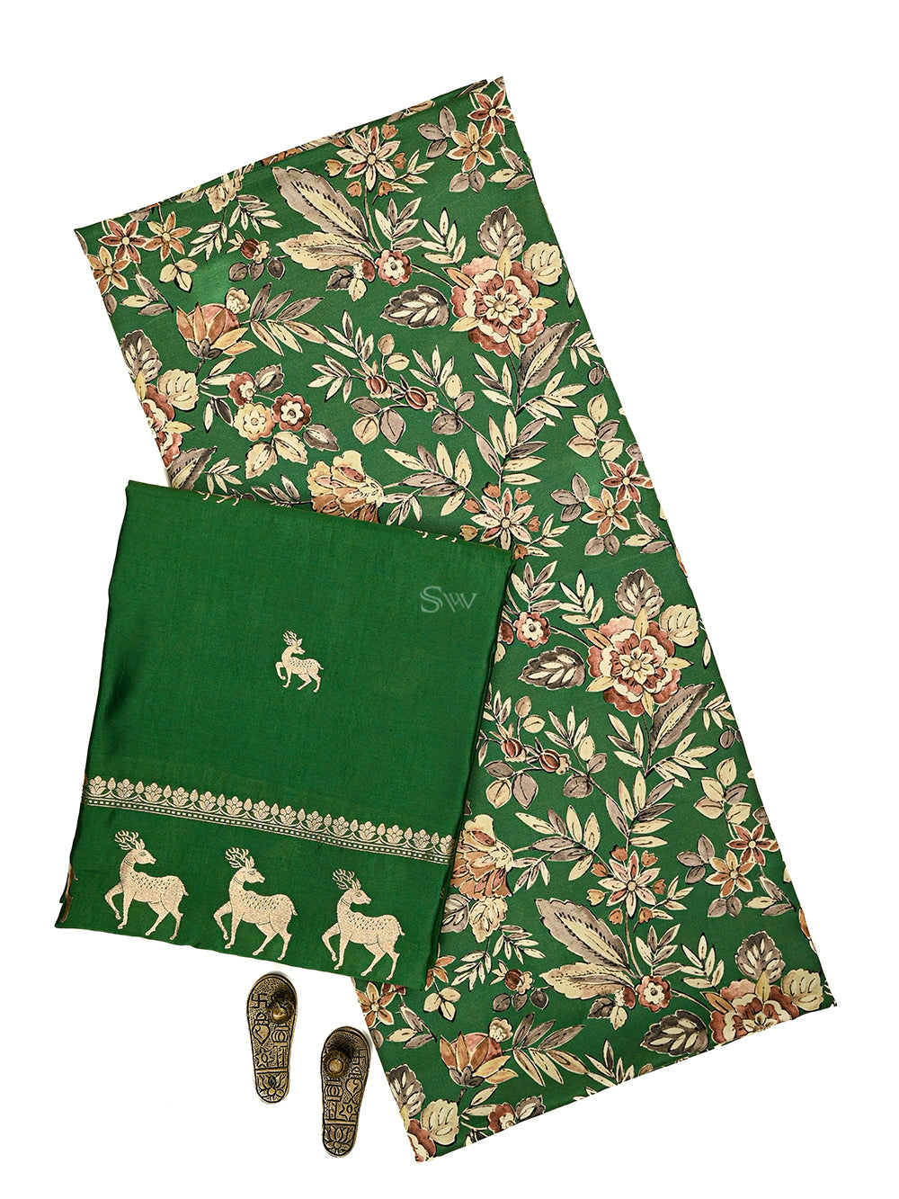 Green Printed Satin Silk Handloom Banarasi Suit - Sacred Weaves