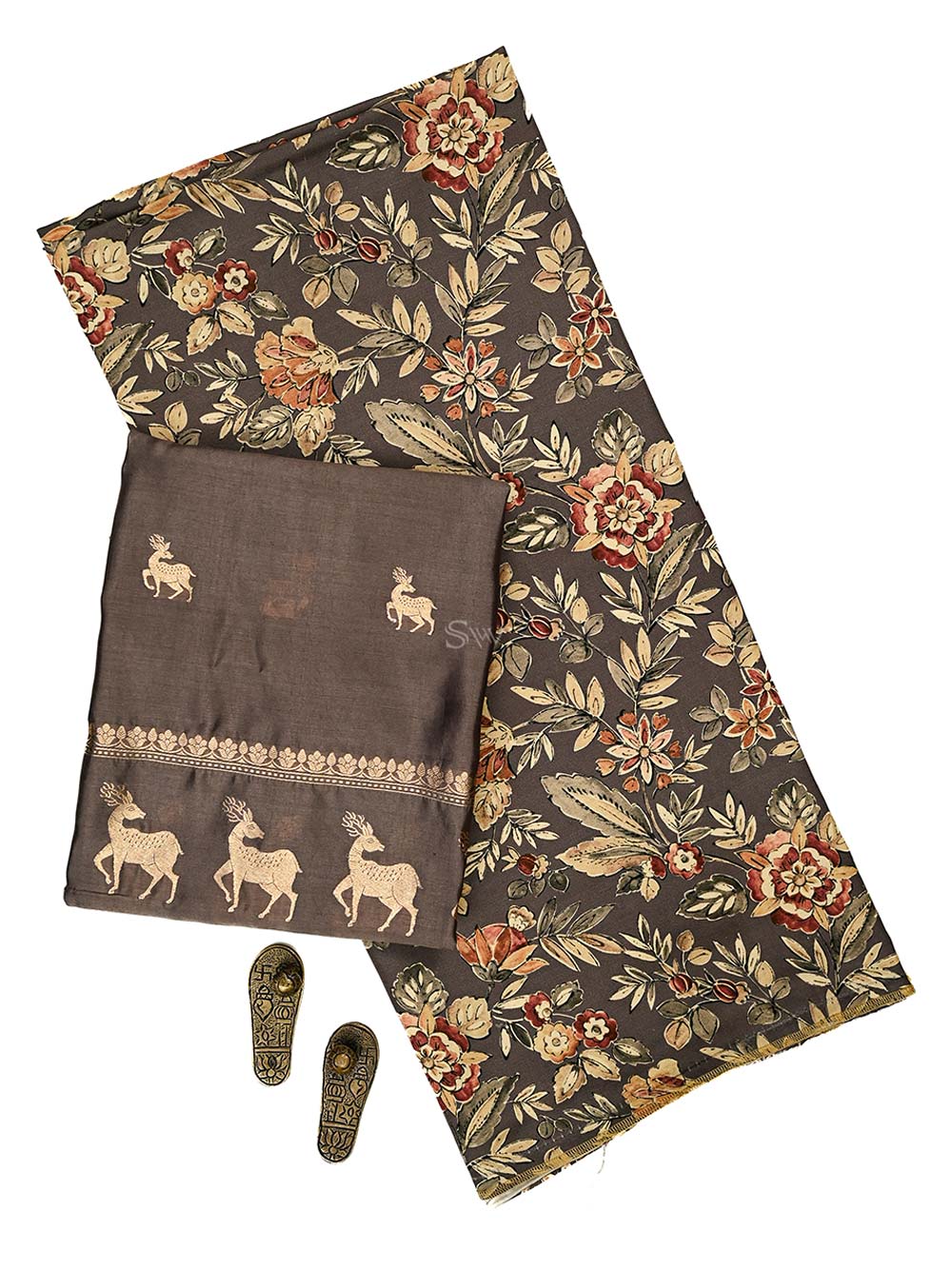 Dusky Brown Printed Satin Silk Handloom Banarasi Suit - Sacred Weaves