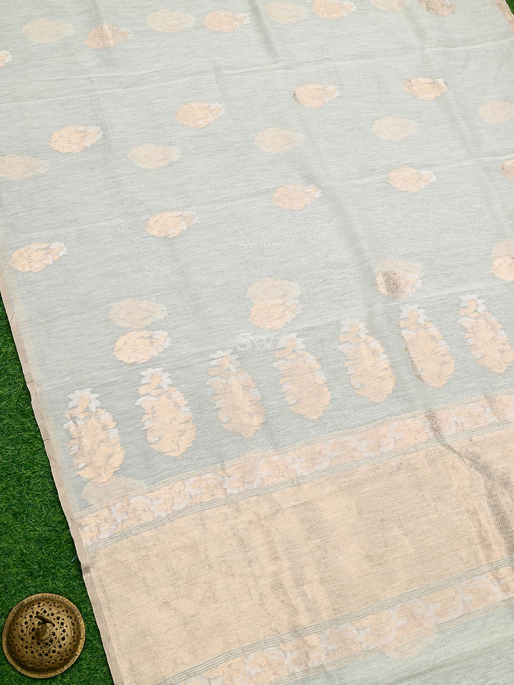Off White Boota Linen Handloom Banarasi Saree - Sacred Weaves