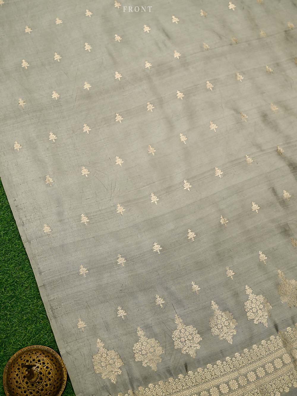 Grey Booti Katan Silk Handloom Banarasi Suit - Sacred Weaves