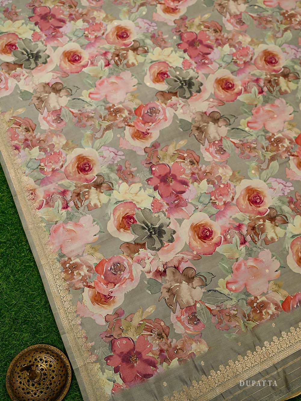 Grey Booti Katan Silk Handloom Banarasi Suit - Sacred Weaves