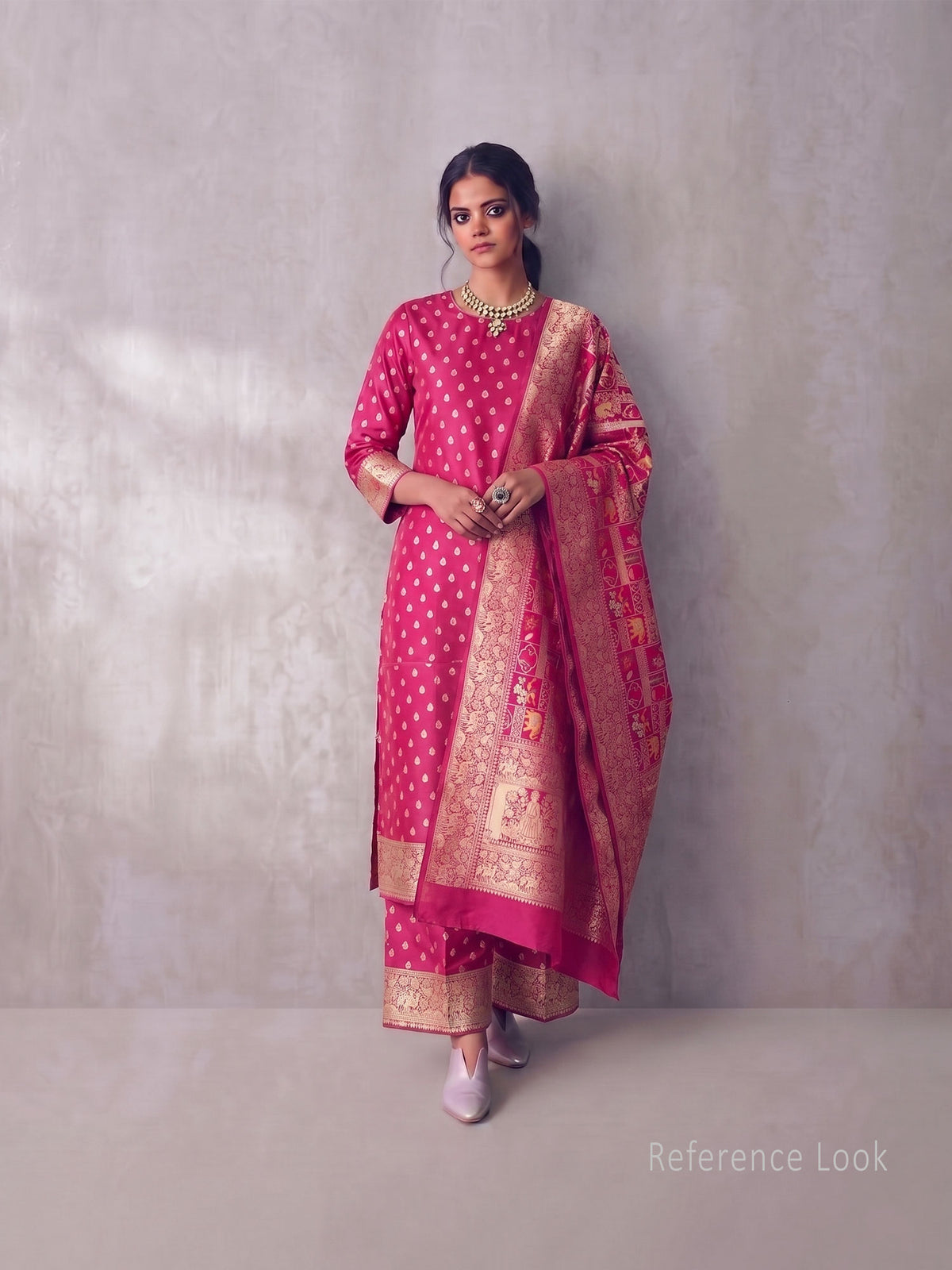 Dark Pink Meenakari Booti Katan Silk Handloom Banarasi Suit - Sacred Weaves