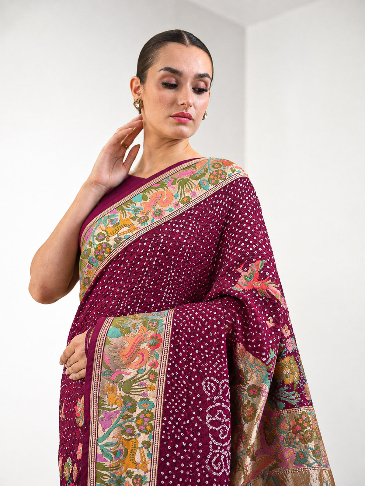 Dark Magenta Meenakari Bandhani Silk Handloom Banarasi Saree - Sacred Weaves