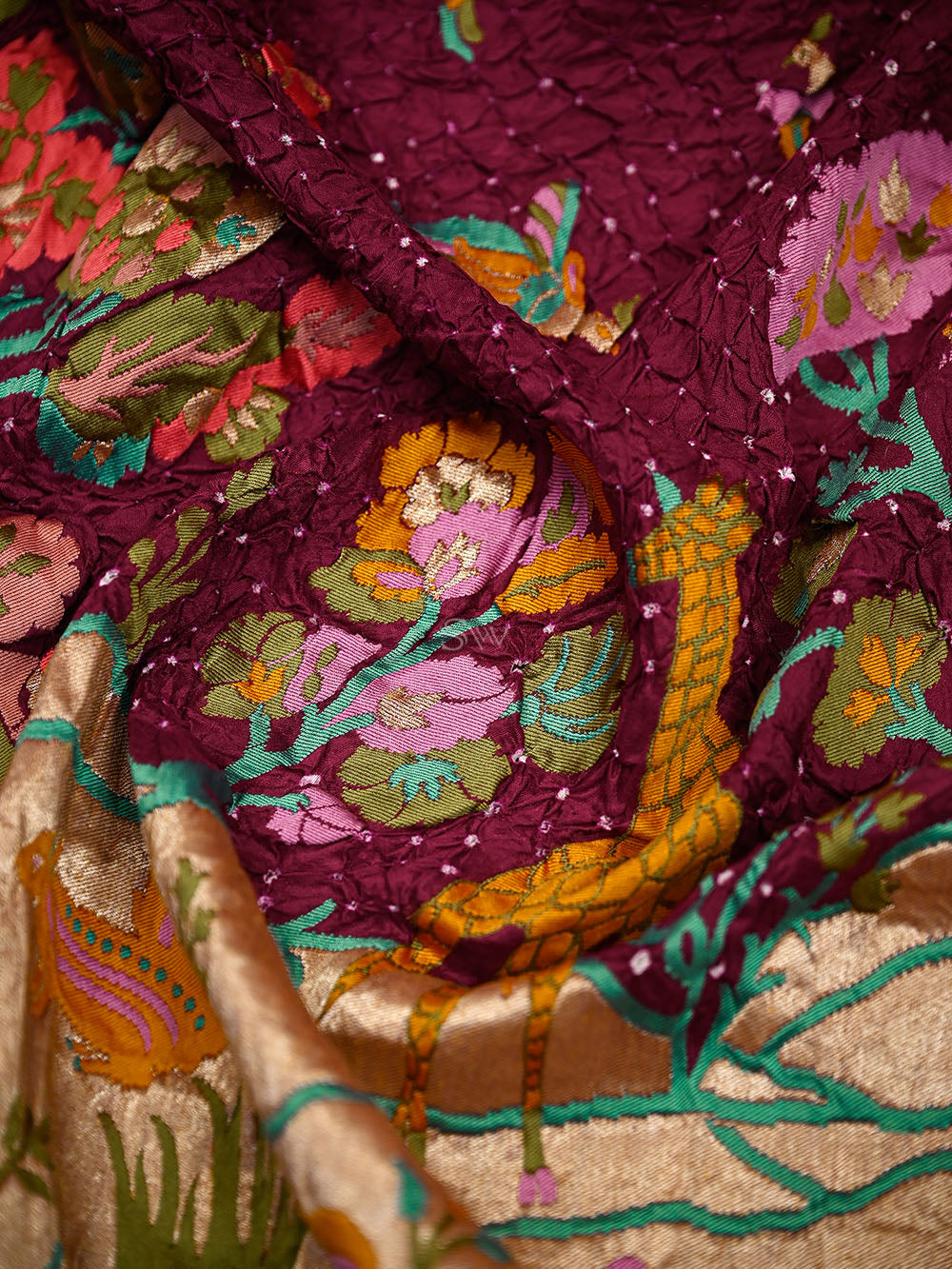 Dark Magenta Meenakari Bandhani Silk Handloom Banarasi Saree - Sacred Weaves