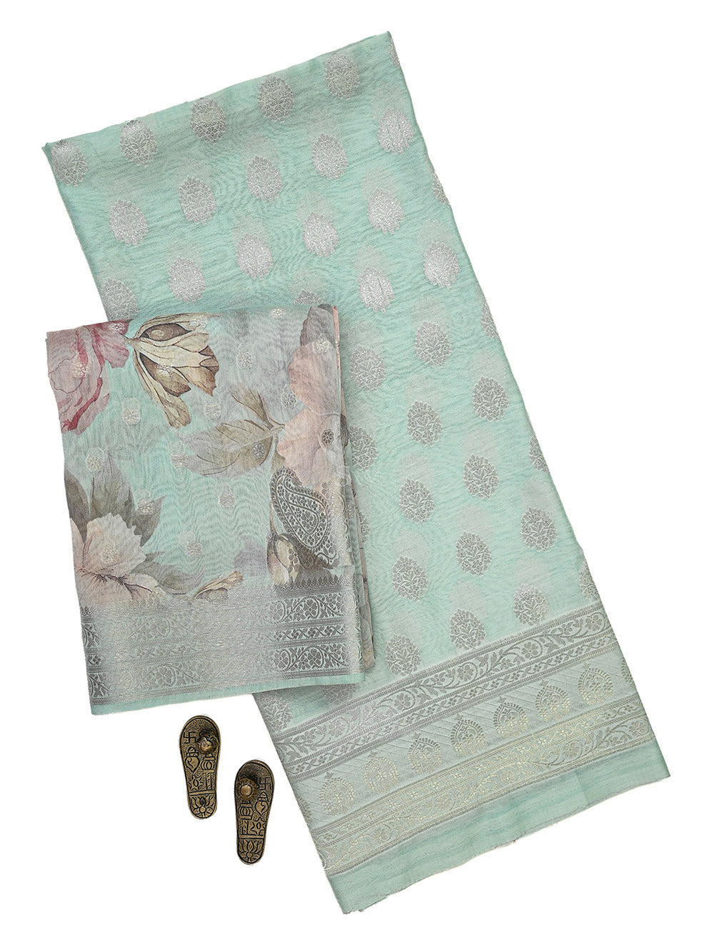 Pastel Aqua Blue Booti Cotton Silk Handloom Banarasi Suit - Sacred Weaves