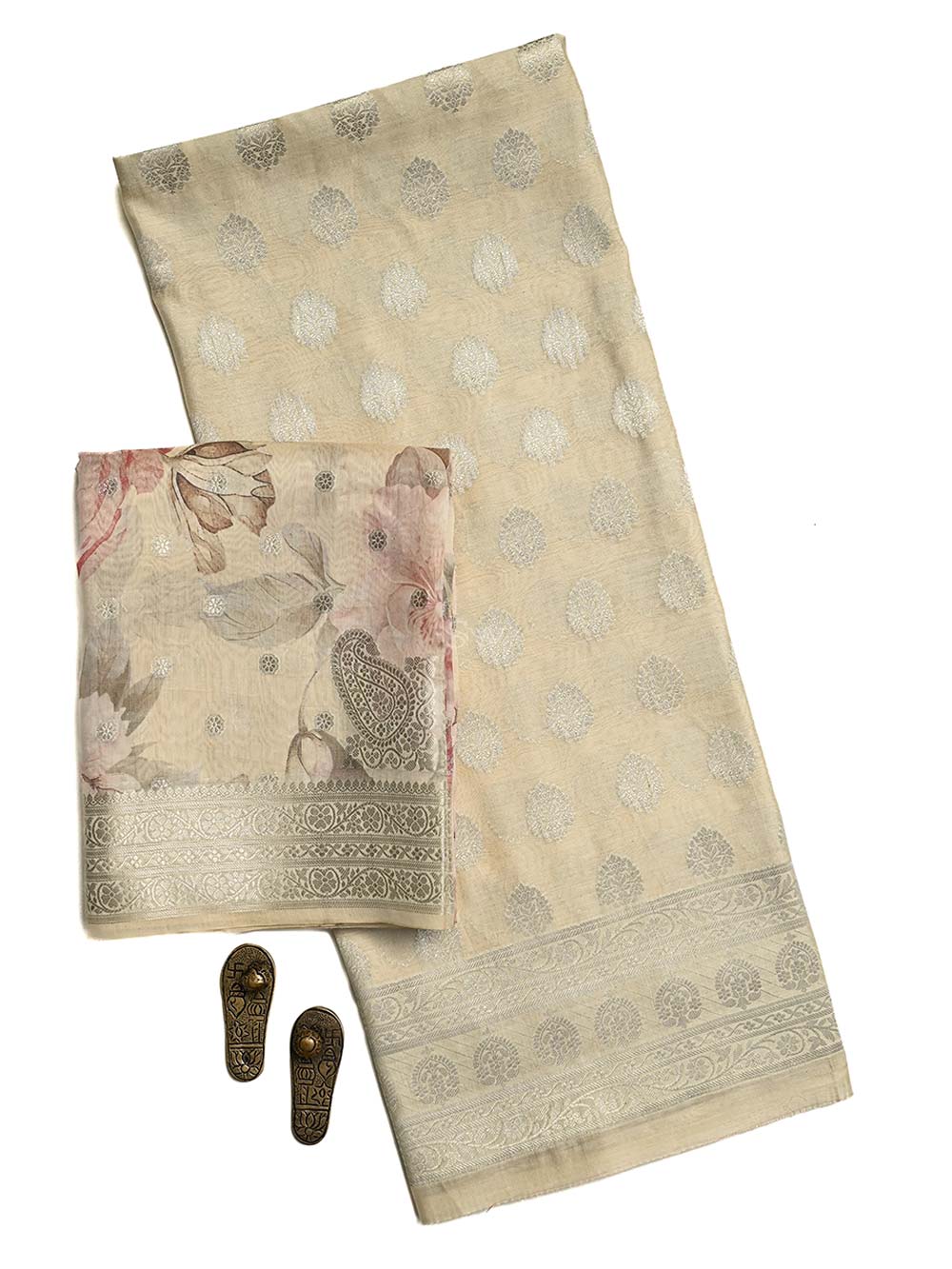 Cream Booti Cotton Silk Handloom Banarasi Suit - Sacred Weaves