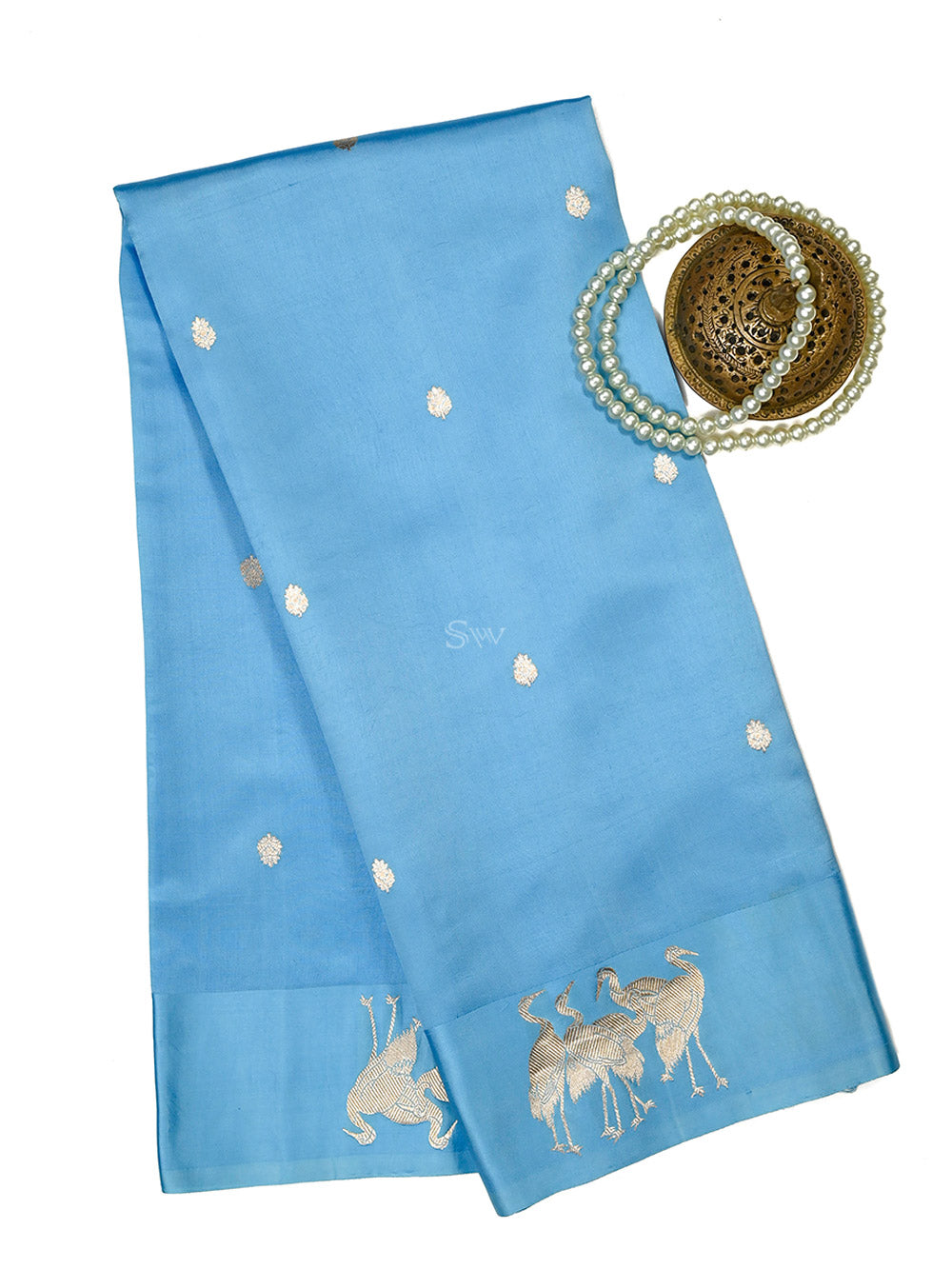Blue Green Booti Pure Silk Handloom Banarasi Saree - Sacred Weaves