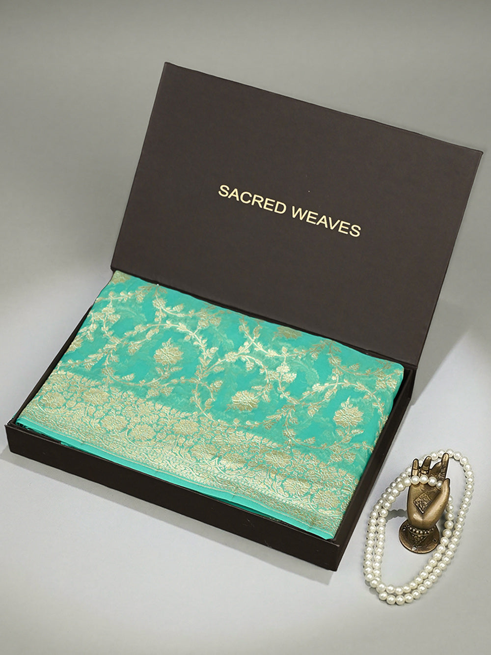 Sea Green Jaal Khaddi Georgette Handloom Banarasi Saree - Sacred Weaves