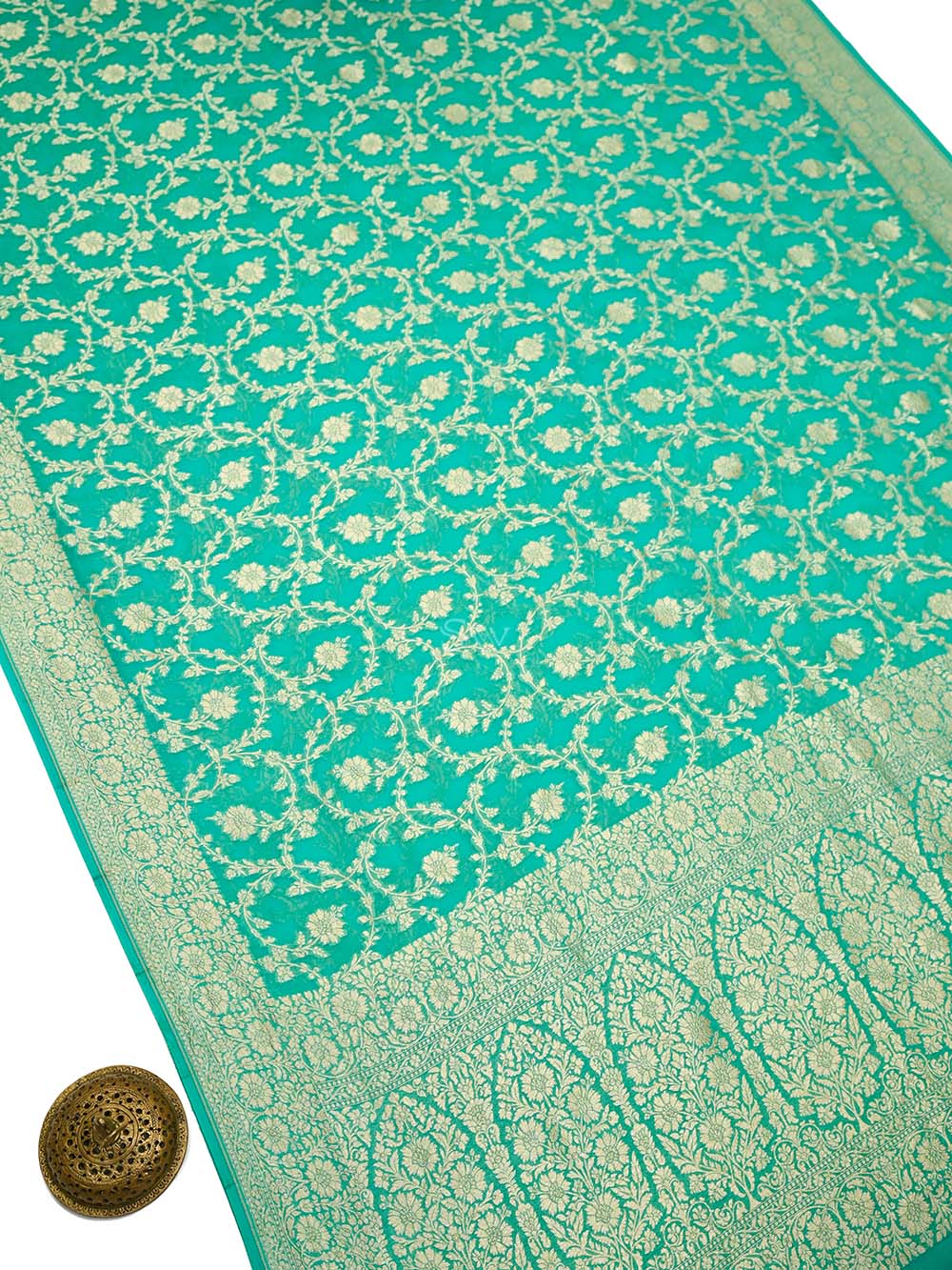 Sea Green Jaal Khaddi Georgette Handloom Banarasi Saree - Sacred Weaves
