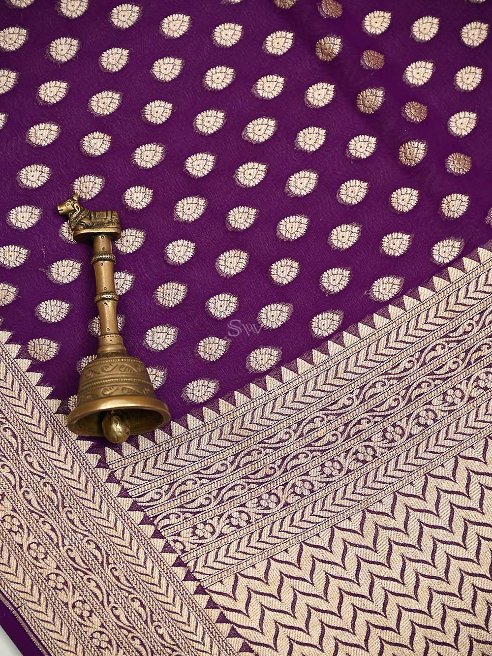 Purple Booti Khaddi Georgette Handloom Banarasi Saree - Sacred Weaves