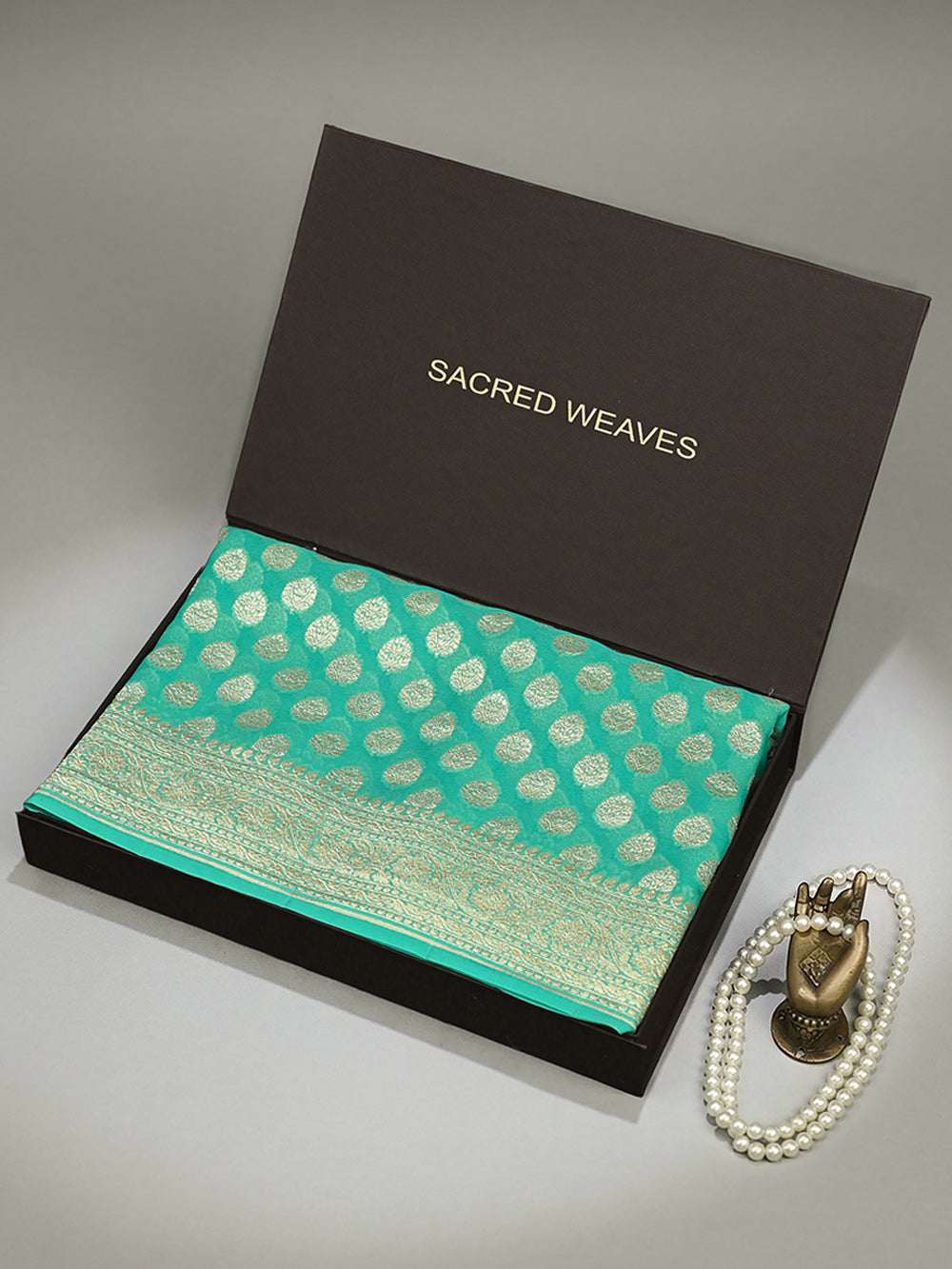 Sea Green Booti Khaddi Georgette Handloom Banarasi Saree - Sacred Weaves