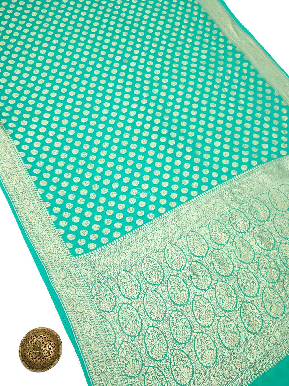 Sea Green Booti Khaddi Georgette Handloom Banarasi Saree - Sacred Weaves