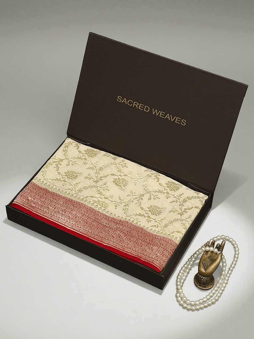 Cream Jaal Khaddi Georgette Handloom Banarasi Saree - Sacred Weaves