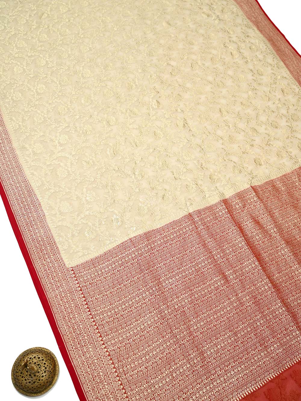 Cream Jaal Khaddi Georgette Handloom Banarasi Saree - Sacred Weaves