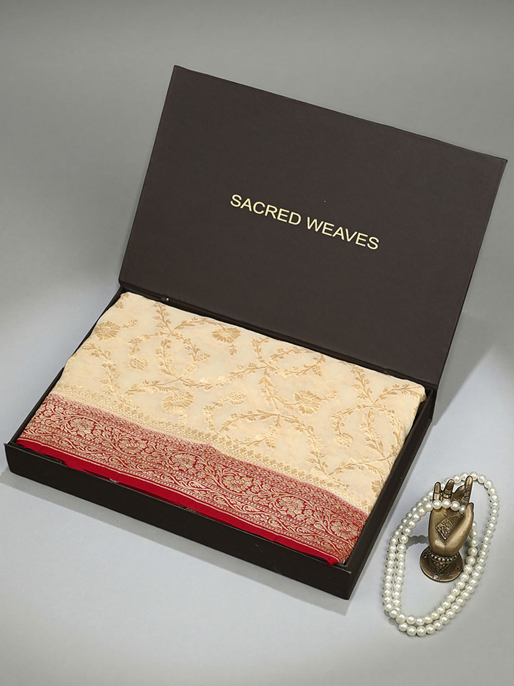 Cream Jaal Khaddi Georgette Handloom Banarasi Saree - Sacred Weaves