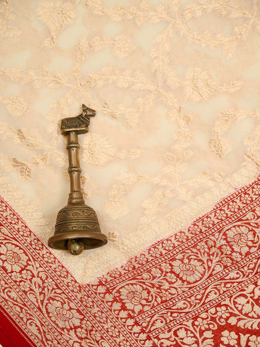 Cream Jaal Khaddi Georgette Handloom Banarasi Saree - Sacred Weaves