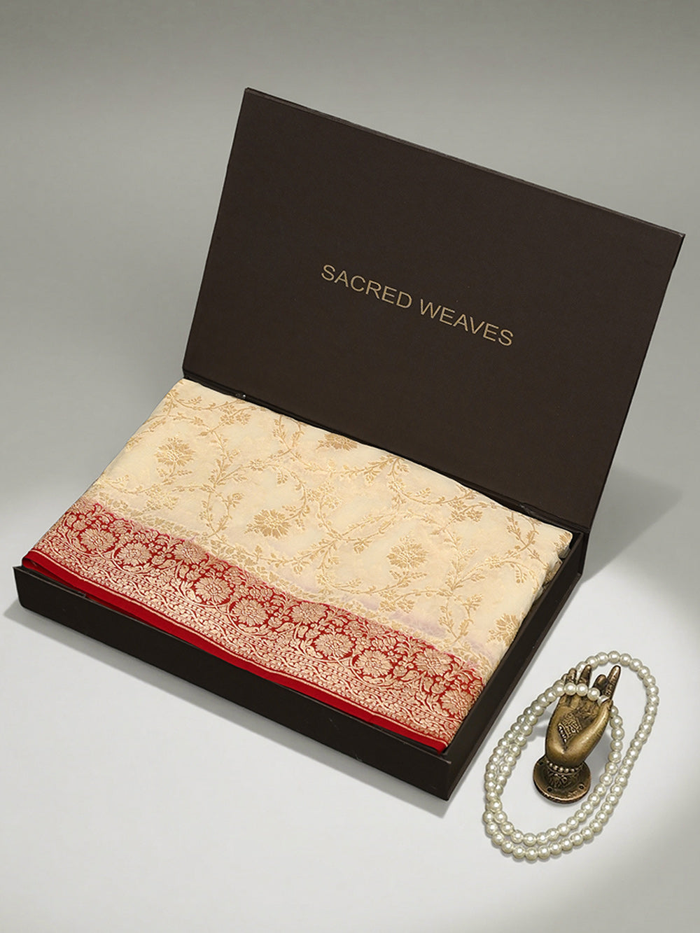 Cream Jaal Khaddi Georgette Handloom Banarasi Saree - Sacred Weaves