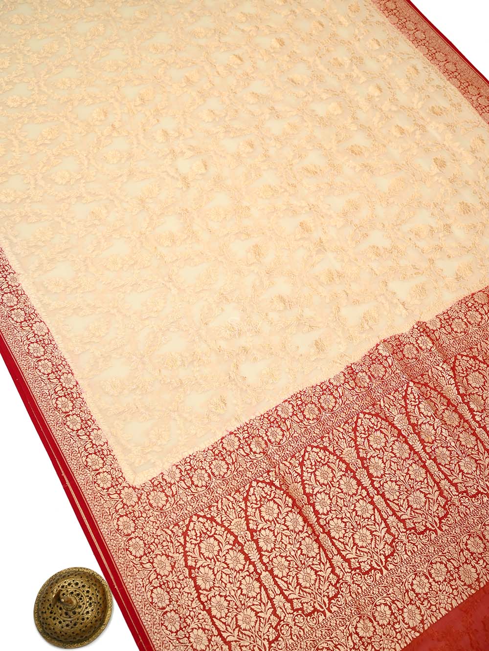 Cream Jaal Khaddi Georgette Handloom Banarasi Saree - Sacred Weaves