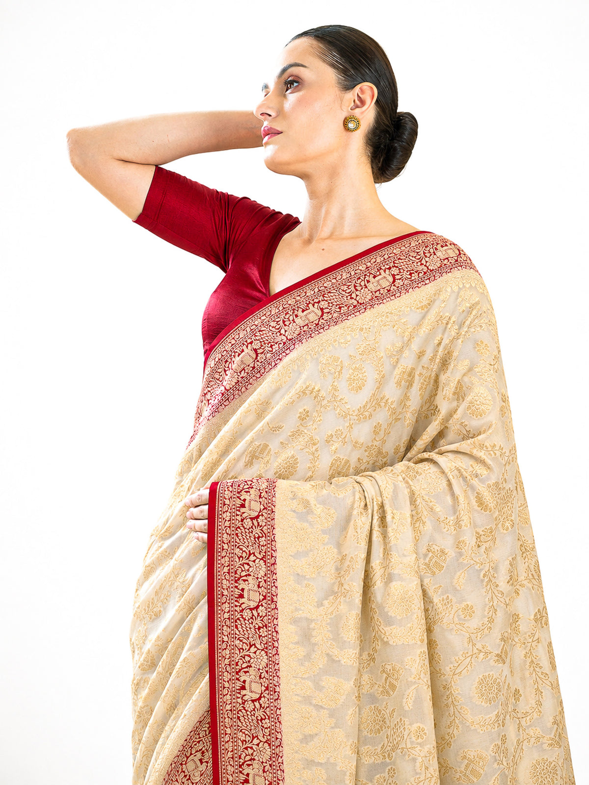Cream Shikargah Jaal Khaddi Georgette Handloom Banarasi Saree - Sacred Weaves