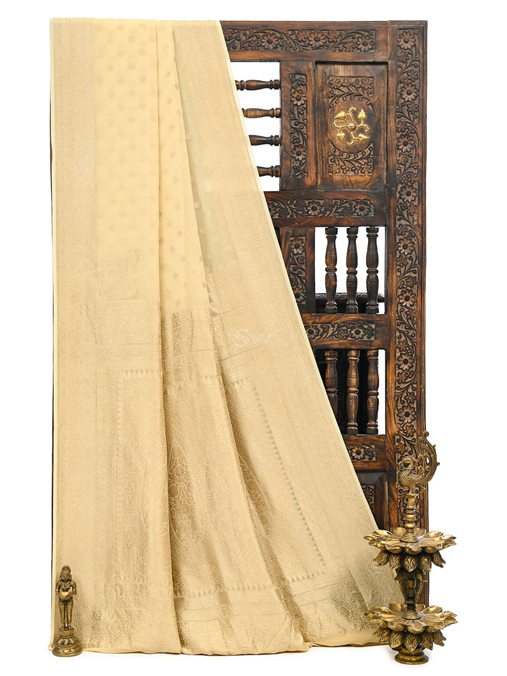 Cream Konia Khaddi Georgette Handloom Banarasi Saree - Sacred Weaves