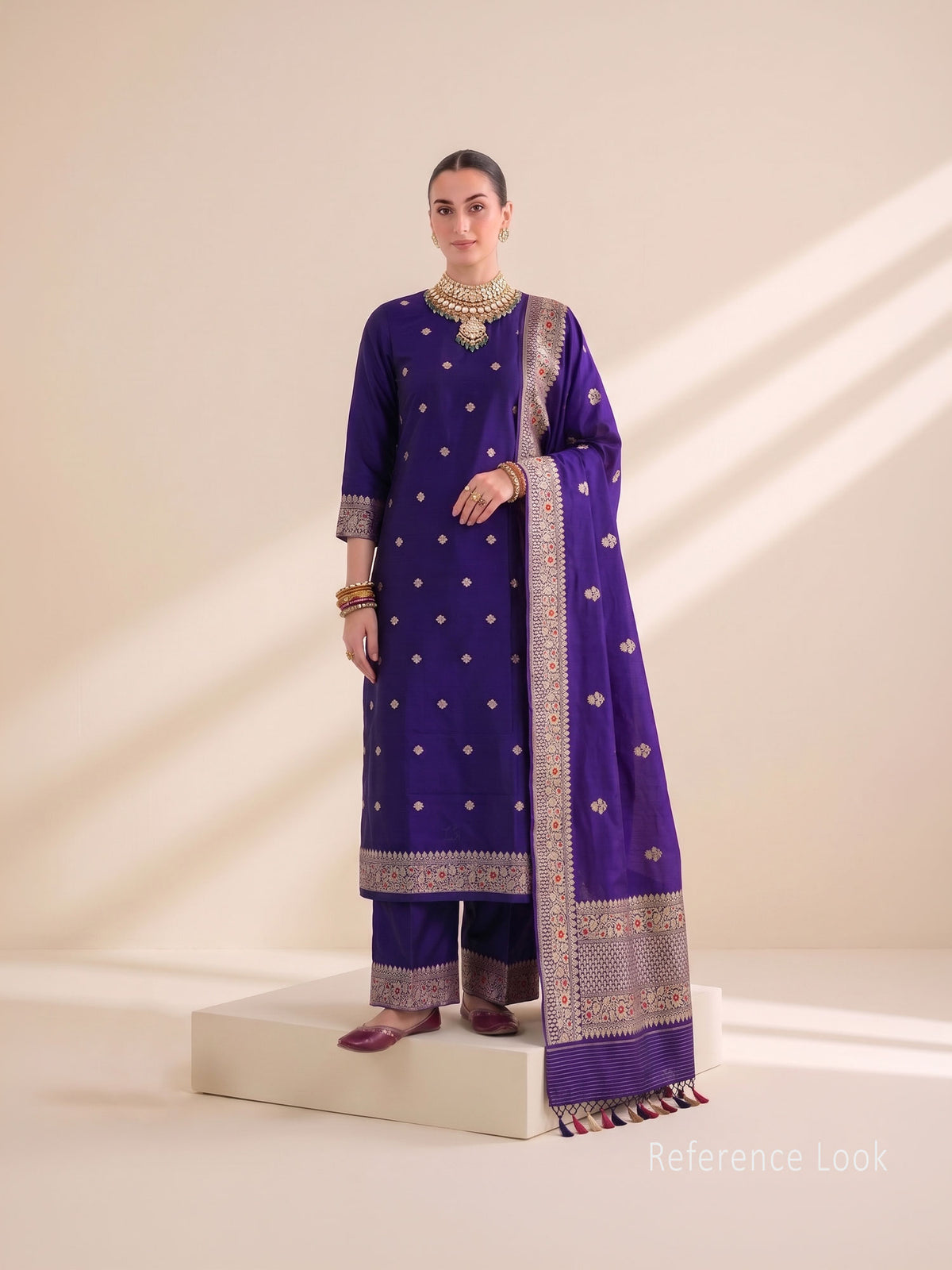 Dark Purple Floral Booti Katan Silk Handloom Banarasi Suit - Sacred Weaves