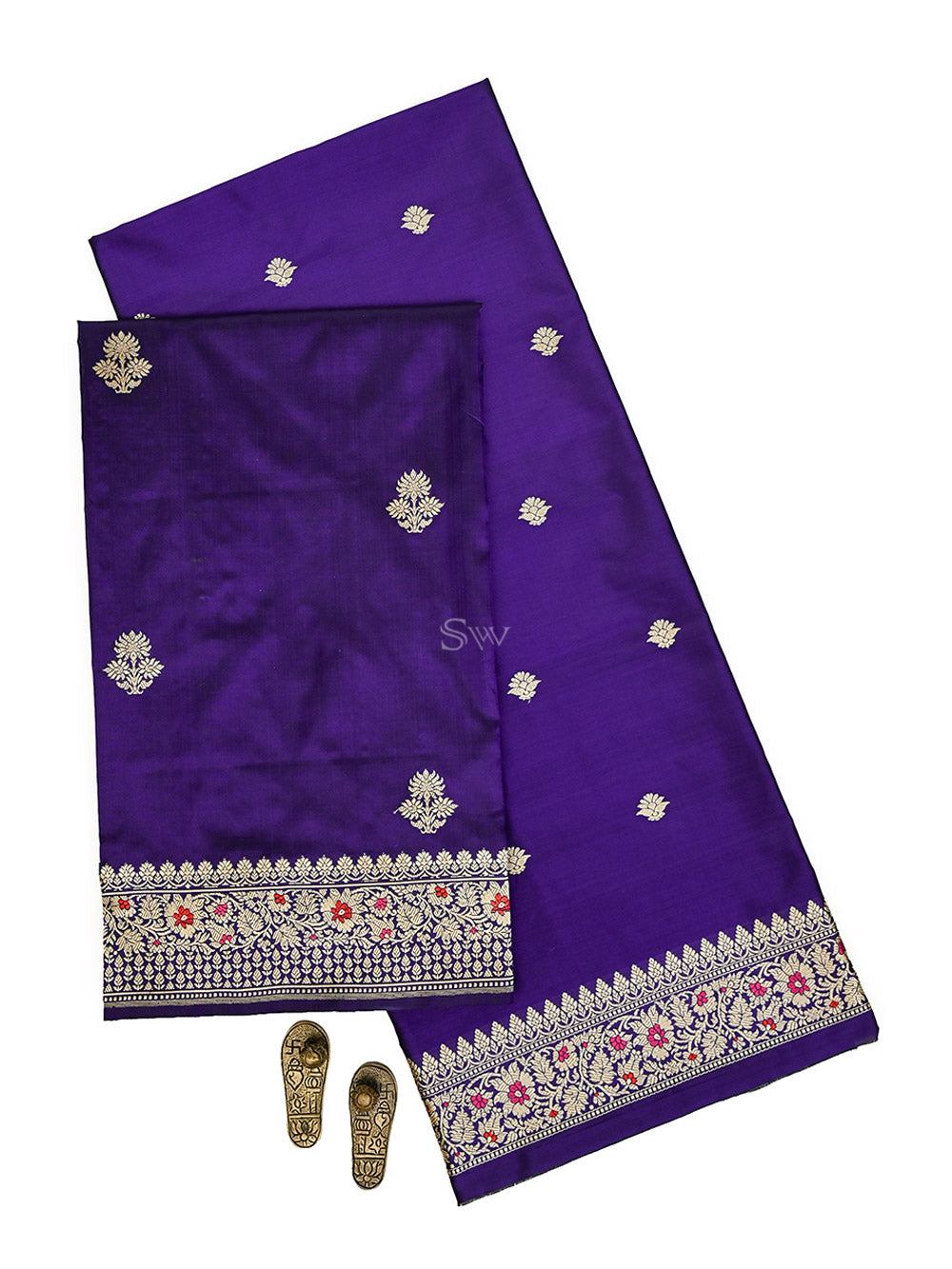 Dark Purple Floral Booti Katan Silk Handloom Banarasi Suit - Sacred Weaves