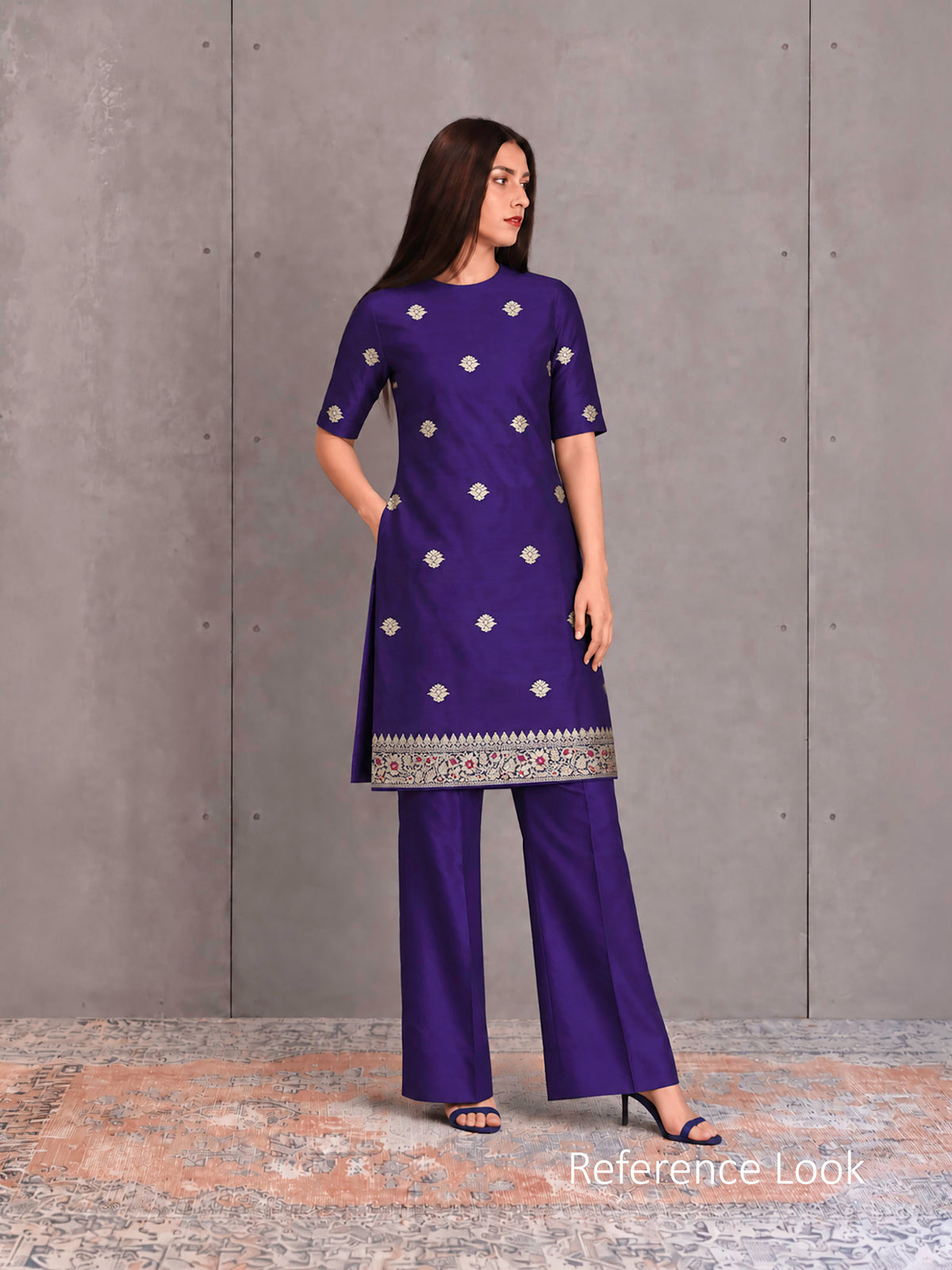 Dark Purple Floral Booti Katan Silk Handloom Banarasi Suit - Sacred Weaves