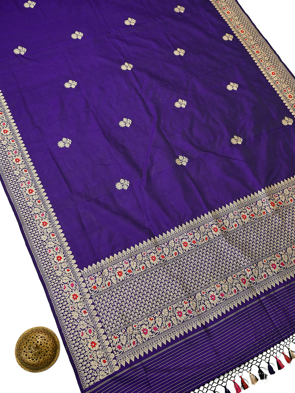 Dark Purple Floral Booti Katan Silk Handloom Banarasi Suit - Sacred Weaves