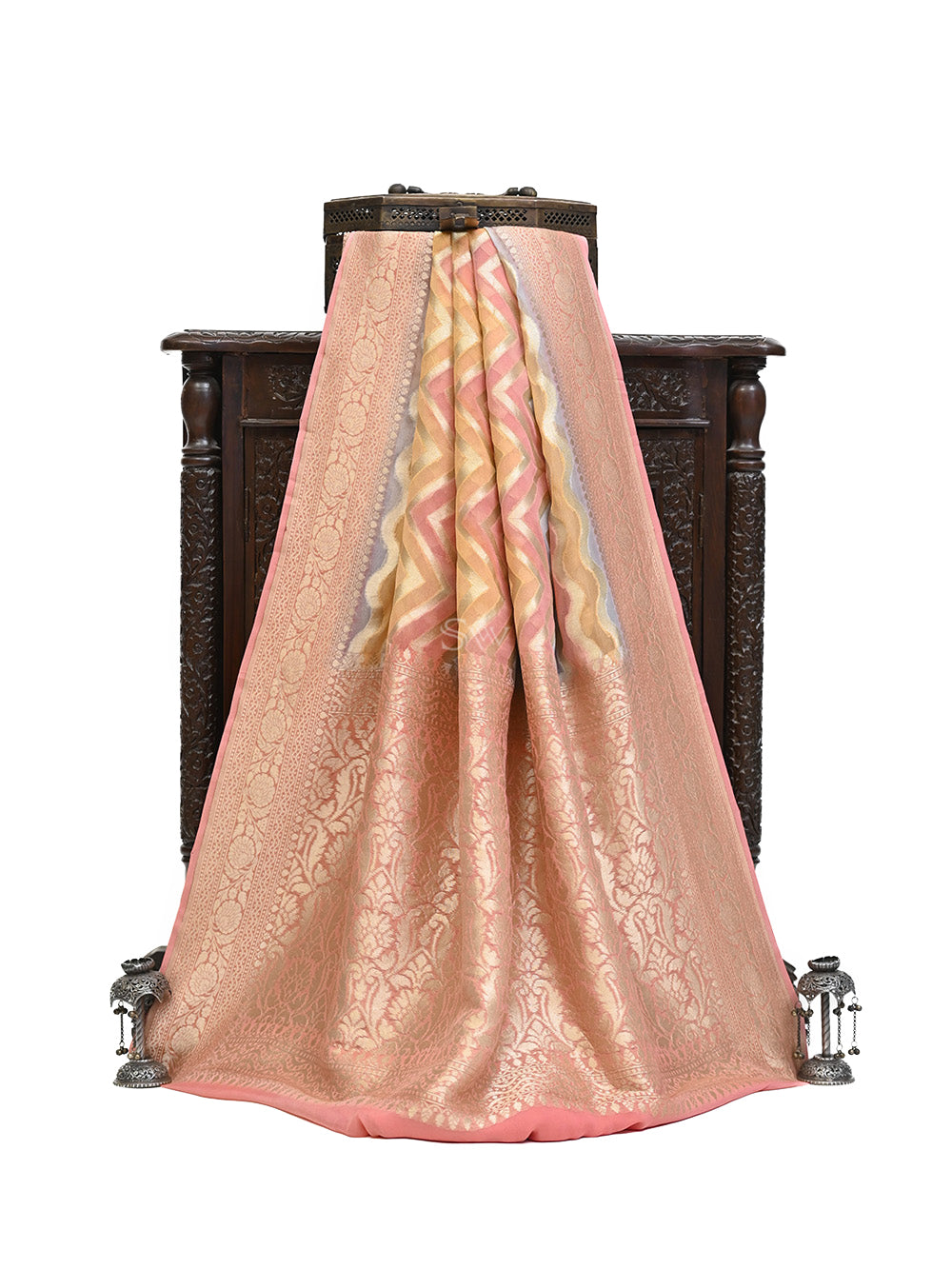Peach Grey Rangkat Khaddi Georgette Handloom Banarasi Saree - Sacred Weaves