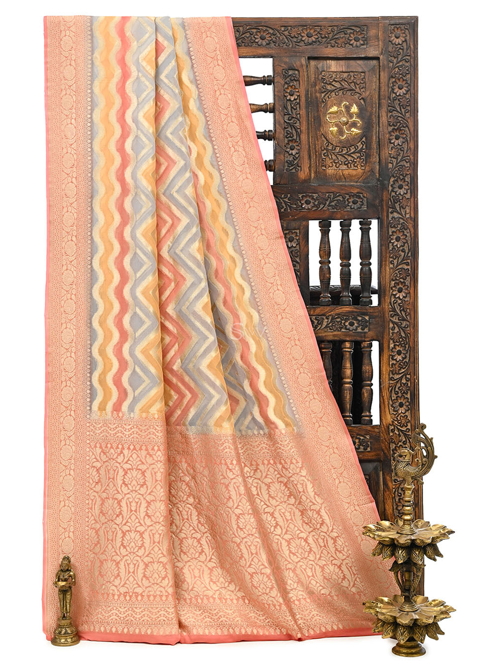 Peach Grey Rangkat Khaddi Georgette Handloom Banarasi Saree - Sacred Weaves