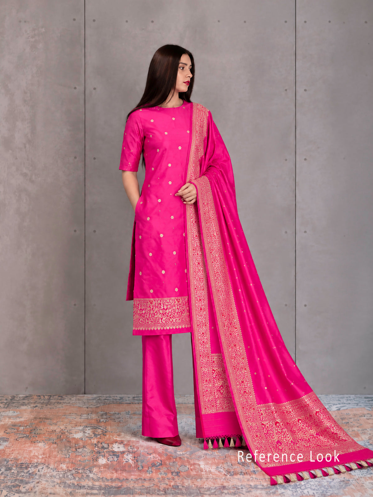 Magenta Floral Booti Katan Silk Handloom Banarasi Suit - Sacred Weaves