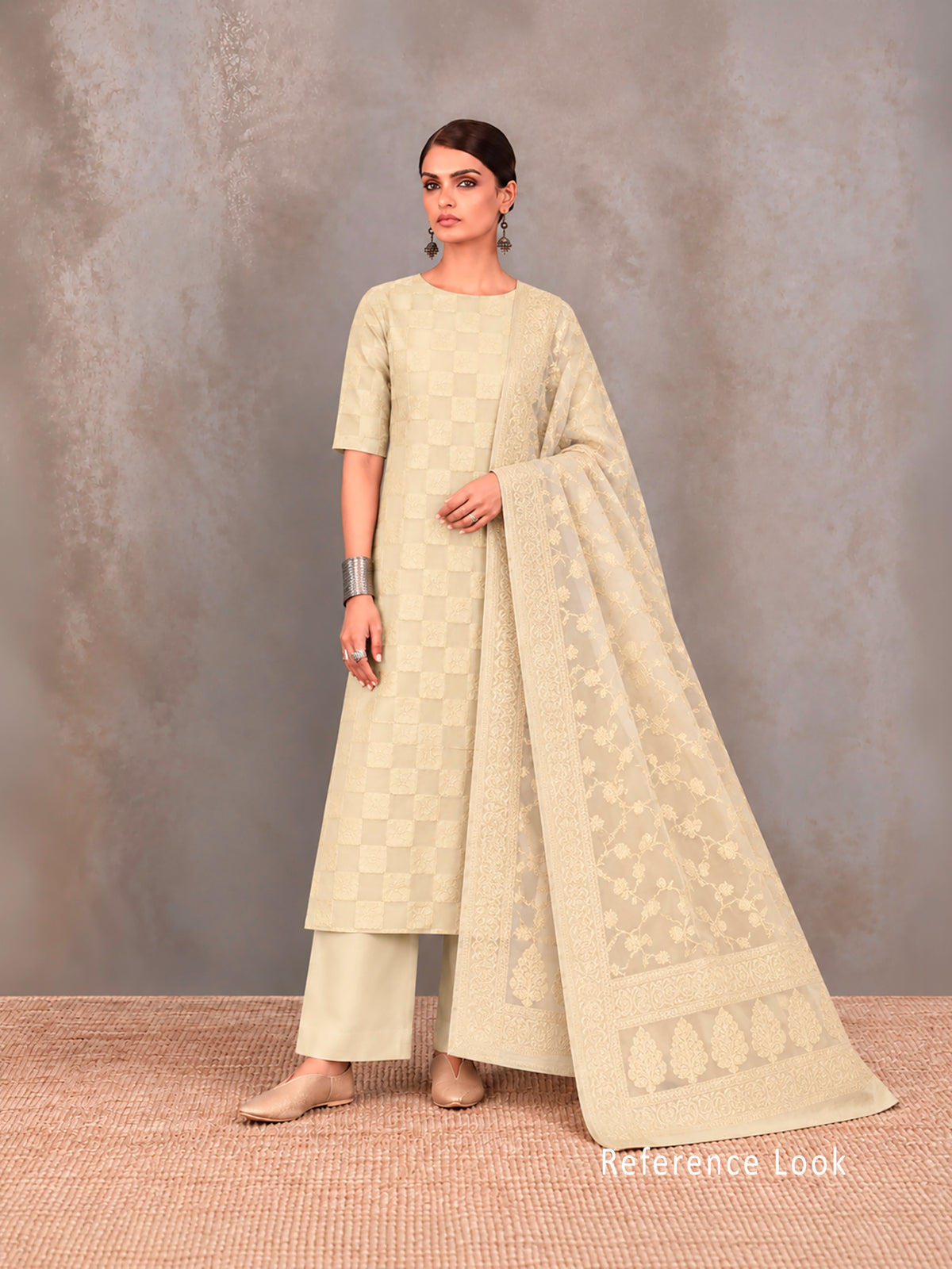Cream Booti Khaddi Georgette Handloom Banarasi Suit - Sacred Weaves