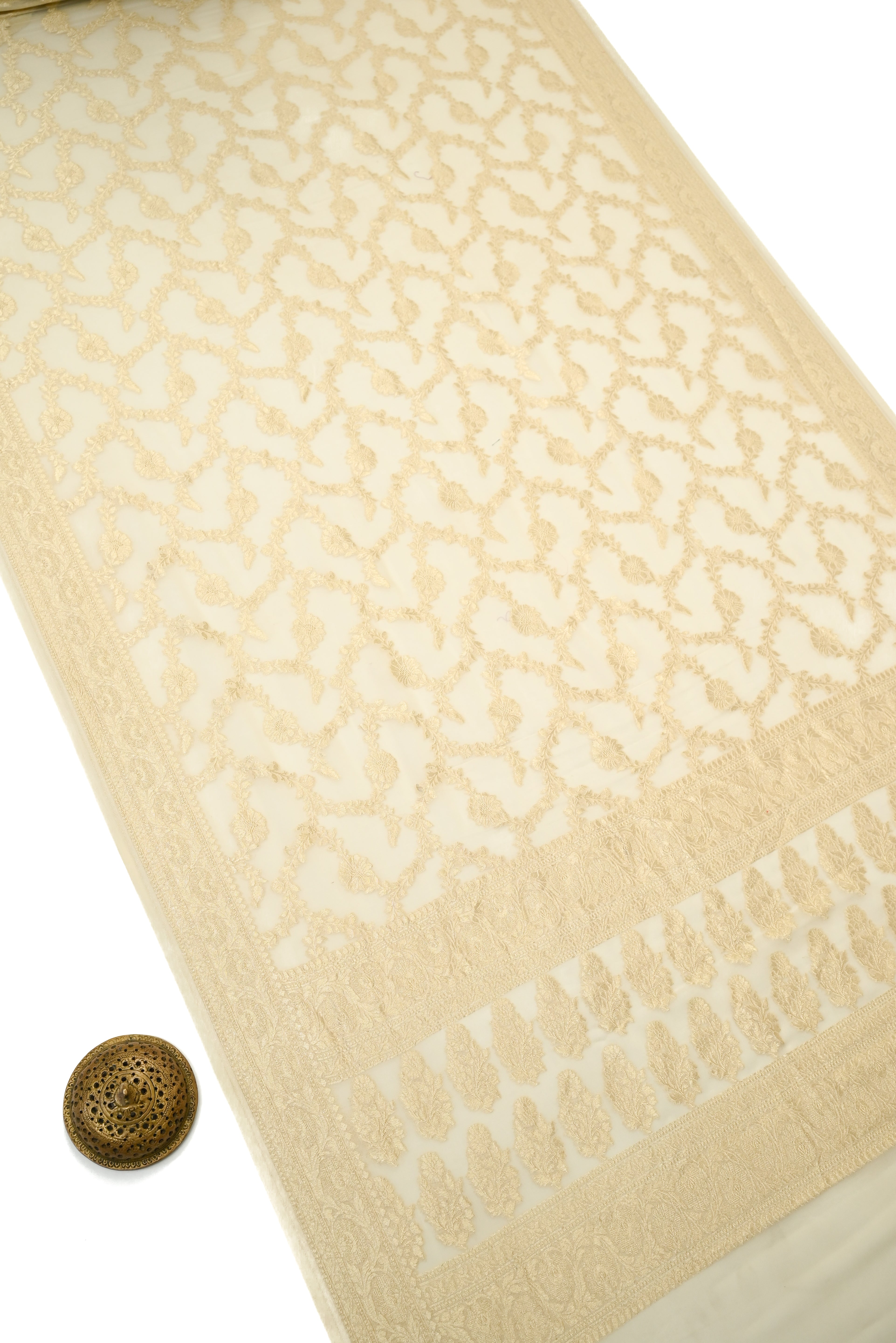 Cream Booti Khaddi Georgette Handloom Banarasi Suit - Sacred Weaves