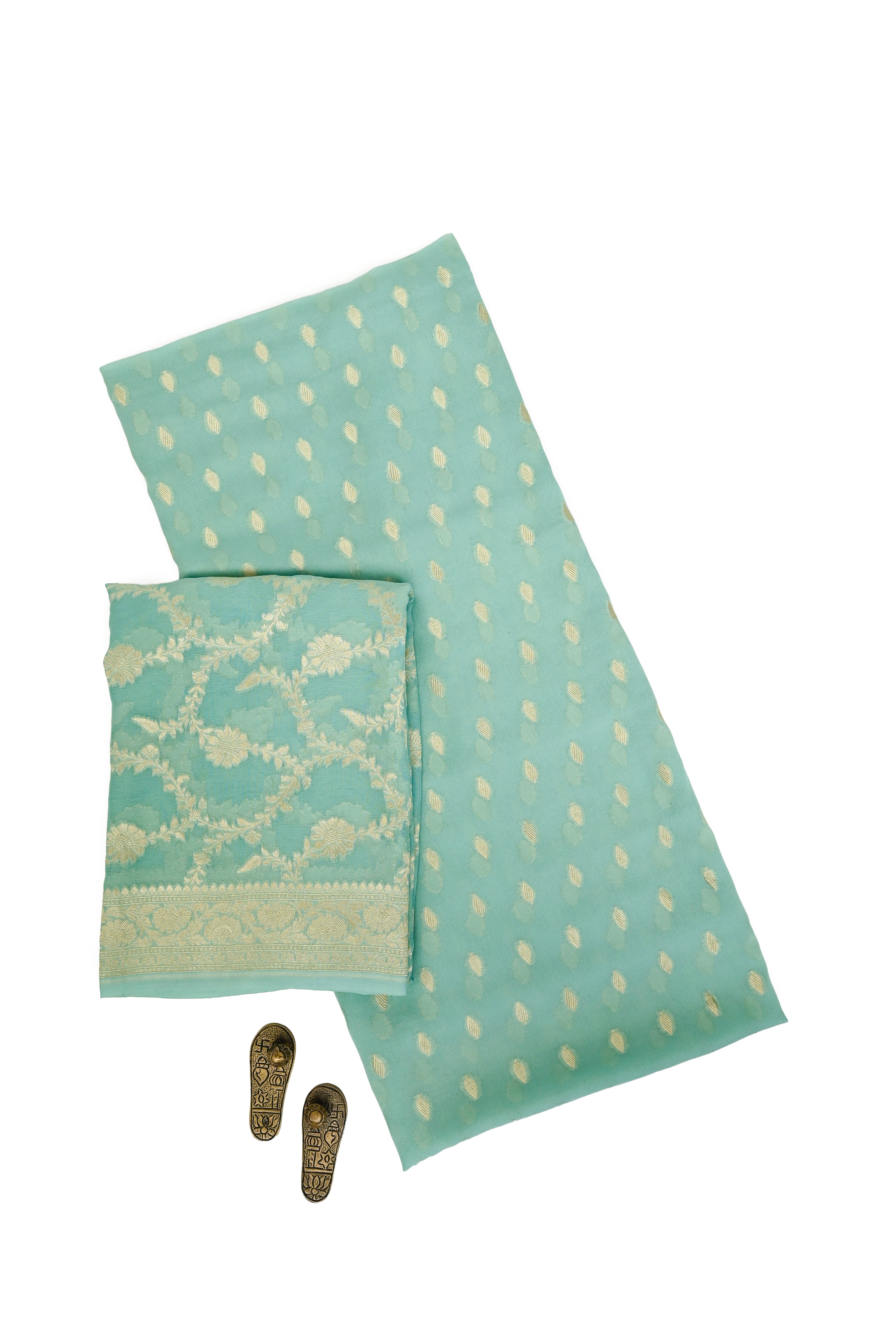 Sea Green Booti Khaddi Georgette Handloom Banarasi Suit - Sacred Weaves